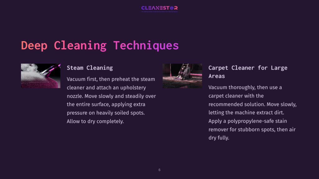 6 Deep Cleaning Techniques 1 Two Deep Cleaning Techniques Are Shown: Steam Cleaning With A Steaming Pink Carpet And Upholstery Attachment, And Carpet Cleaner For Large Areas With A Professional Cleaning Machine On A Beige Carpet.