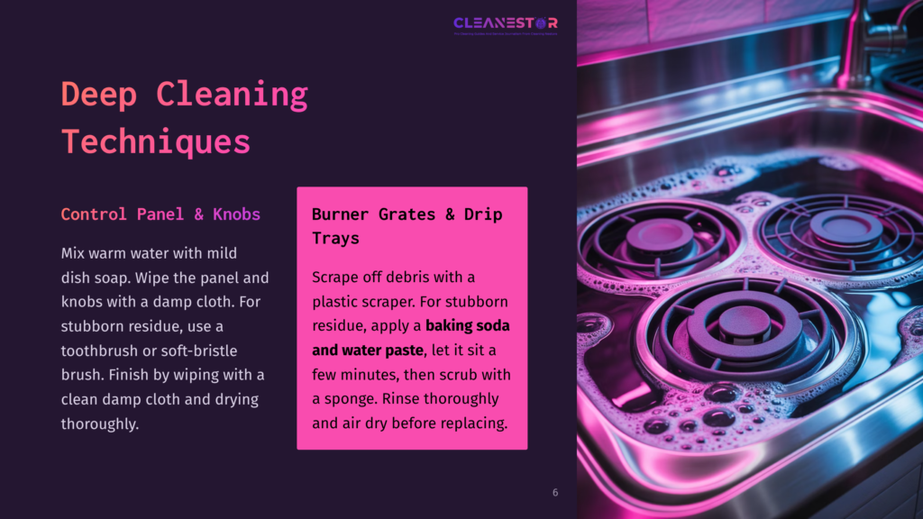 6 Deep Cleaning Techniques Close-Up Of A Stainless Steel Stovetop With Electric Burners Being Cleaned With Soapy Water. Text Overlays Offer Deep Cleaning Techniques For Control Panels, Knobs, And Burner Grates.