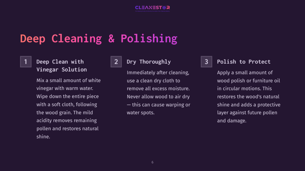 6 Deep Cleaning And Polishing Deep Cleaning &Amp; Polishing: Step-By-Step Guide With Text Detailing How To Deep Clean With Vinegar Solution, Dry Thoroughly, And Polish To Protect Wood Surfaces.