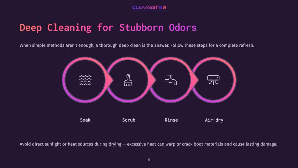 Infographic Illustrating The Four Steps Of Deep Cleaning For Stubborn Odors: Soak, Scrub, Rinse, And Air-Dry, Depicted By Circular Icons With Water, Brush, Faucet, And Fan Symbols.