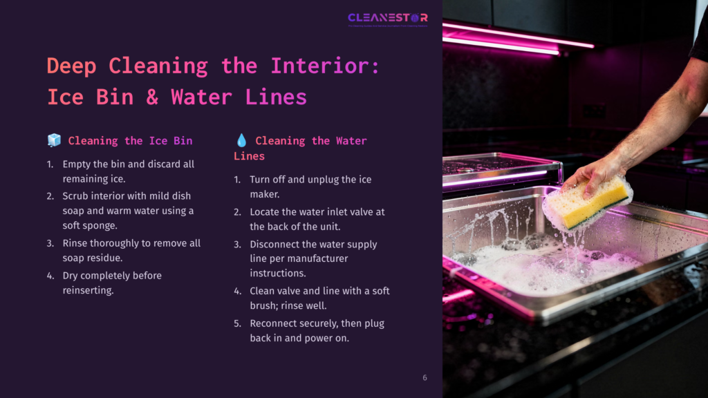 6 Deep Cleaning The Interior Ice Bin And Water Lines A Person'S Hands Scrub A Stainless Steel Sink Filled With Soapy Water, Cleaning The Interior Of An Ice Bin And Water Lines, With A Text Overlay Listing Cleaning Instructions.