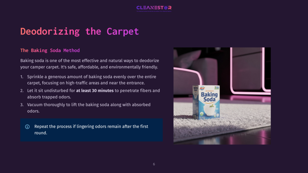 A Box Of Arm &Amp; Hammer Baking Soda Sits On A Plush, Light-Colored Carpet Next To A Blurred Background Of A Sofa And Legs, Illustrating A Carpet Deodorizing Method.