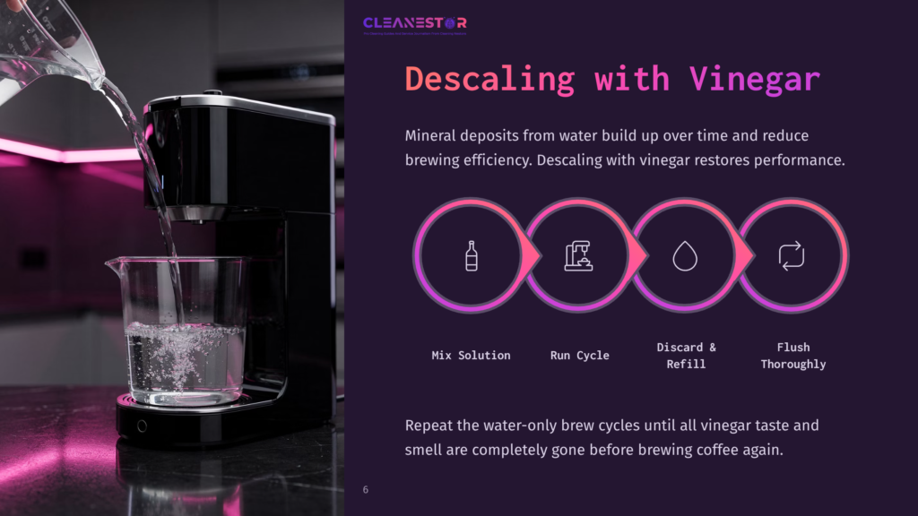 A Black Keurig K Compact Coffee Maker Next To A Clear Measuring Cup With Water, Instructions On Descaling With Vinegar In Purple Text.