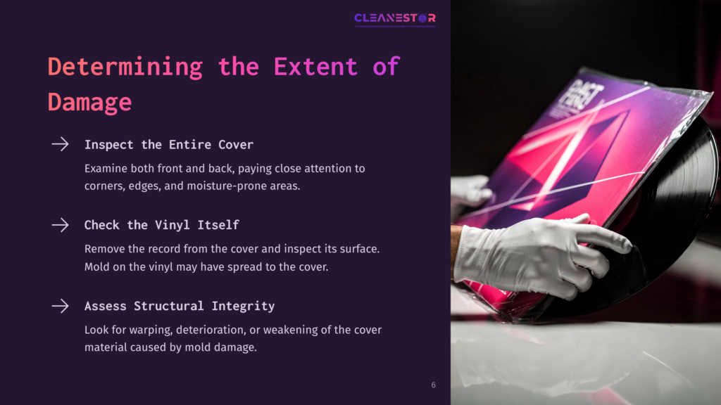 Person Wearing White Gloves Holds A Vinyl Record Cover With Vibrant Graphics, Inspecting For Mold Near An Illuminated Surface.