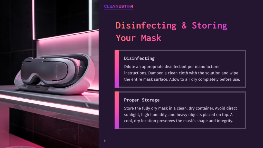 Vr Headset Being Disinfected And Stored Properly. Text Overlay Reads &Quot;Disinfecting &Amp; Storing Your Mask&Quot; With Instructions For Cleaning And Proper Storage.