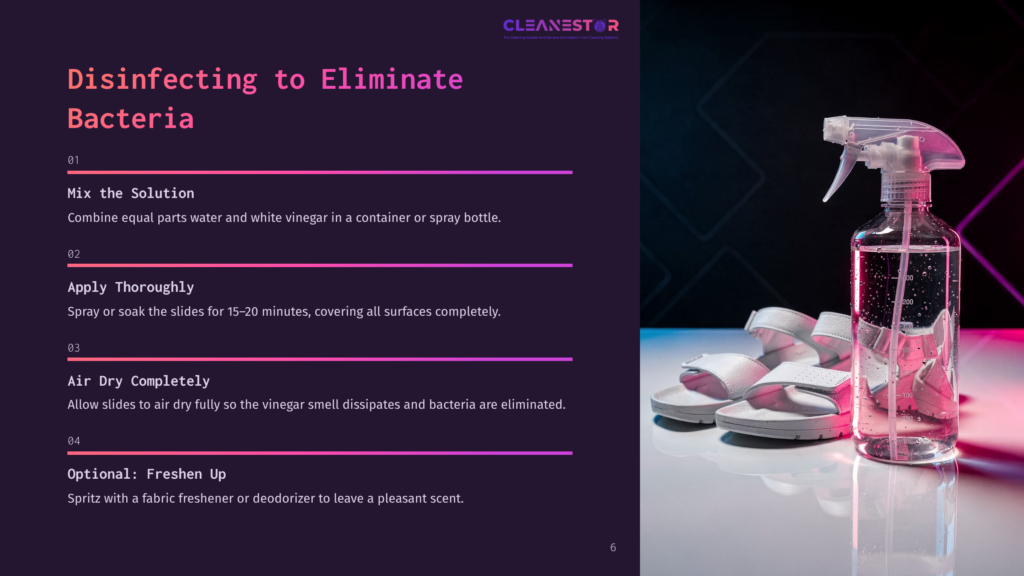 A Clear Spray Bottle Filled With Liquid Sits On A Surface Next To White Sandals, Illuminated By Vibrant Pink And Blue Neon Lights. Text On The Left Reads &Quot;Disinfecting To Eliminate Bacteria,&Quot; With Numbered Steps Detailing The Process.