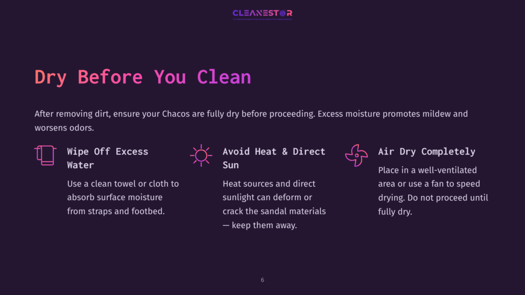 Infographic With Text: &Quot;Dry Before You Clean,&Quot; &Quot;Wipe Off Excess Water,&Quot; &Quot;Avoid Heat &Amp; Direct Sun,&Quot; And &Quot;Air Dry Completely.&Quot; Tips For Cleaning Chacos Sandals.