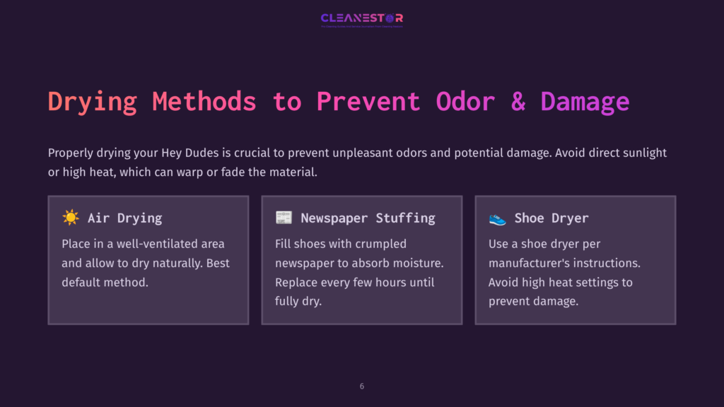 Text On A Dark Background Outlining Drying Methods For Shoes, Including Using A Ventilated Area, Newspaper Stuffing, And A Shoe Dryer.