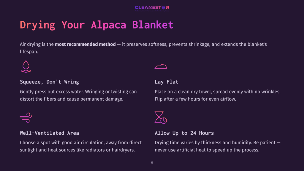 Instructions For Drying An Alpaca Blanket: Avoid Twisting, Lay Flat On A Towel, Ensure Good Airflow, Allow Up To 24 Hours To Dry.