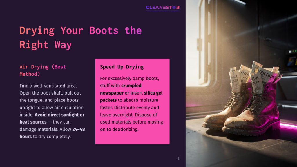 Two Well-Worn, Muddy Brown Leather Boots Stand Upright, Illuminated By Vibrant Pink And Purple Neon Lights. Crumpled Newspaper Pages Are Stuffed Inside Them, Suggesting A Drying Method, With The Text &Quot;Cleanestor&Quot; Visible On A Screen In The Background.