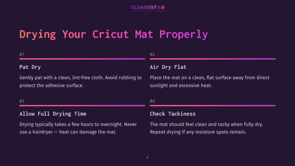 Instructions On Cleaning A Cricut Mat, Featuring A Dark Background With Pink Headers And Four Numbered Steps In White Text.