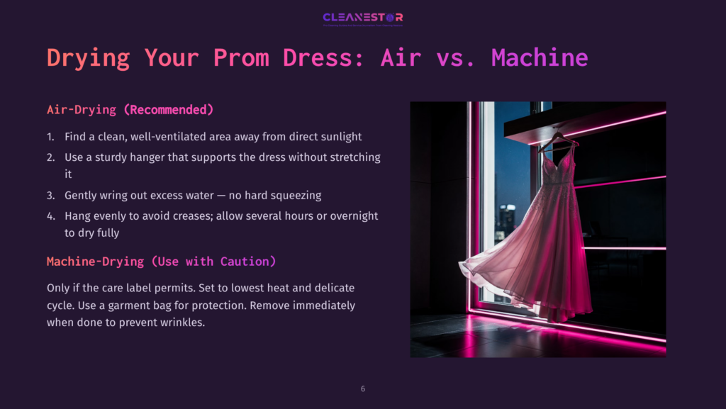 A Pink Prom Dress Hangs On A Sturdy Hanger In A Bright Room, With Washing Instructions For Air Drying And Machine Drying Beside It.