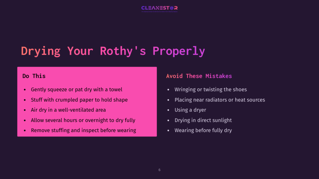A Pink And Purple Slide Outlining Tips For Drying Rothy'S Shoes, Listing Do'S And Don’ts In Clear Bullet Points.