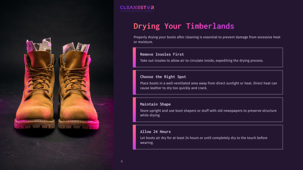 A Pair Of Iconic Tan Timberland Boots Are Shown Drying, With The Text &Quot;Cleanestor Drying Your Timberlands&Quot; Visible In The Background. The Boots Are Positioned Upright Against A Dark Background.