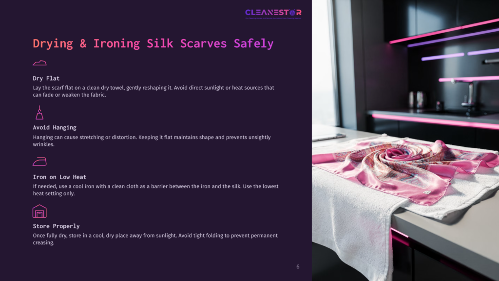 A Silk Scarf Draped Elegantly On An Ironed Surface Next To A Steaming Iron, With A Modern, Minimalistic Background Featuring Soft Lighting.