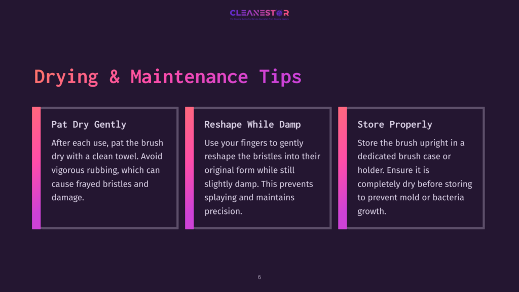 Three Panels With Tips On Cleaning Polygel Brushes: Drying, Reshaping While Damp, And Proper Storage, On A Dark Purple Background.