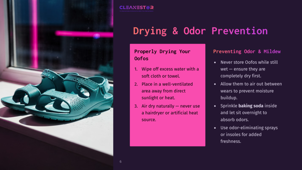 A Pair Of Aqua Oofos Sandals On A Windowsill, With Sunlight Casting Shadows; Text Outlines Drying And Odor Prevention Tips.