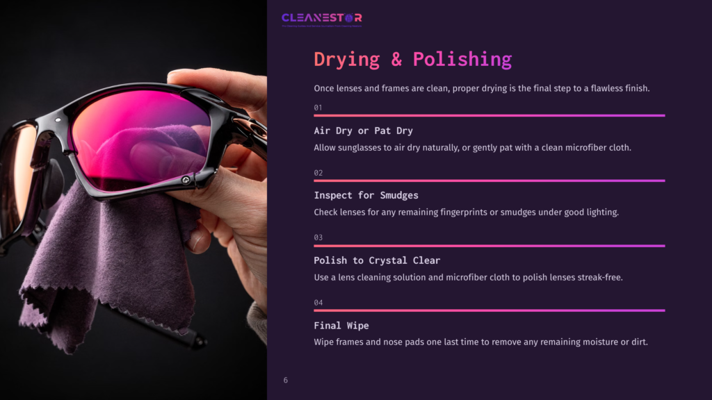 A Hand Holds Purple-Tinted Oakley Sunglasses Next To A Microfiber Cloth, With Text Outlining Cleaning Steps For The Eyewear.