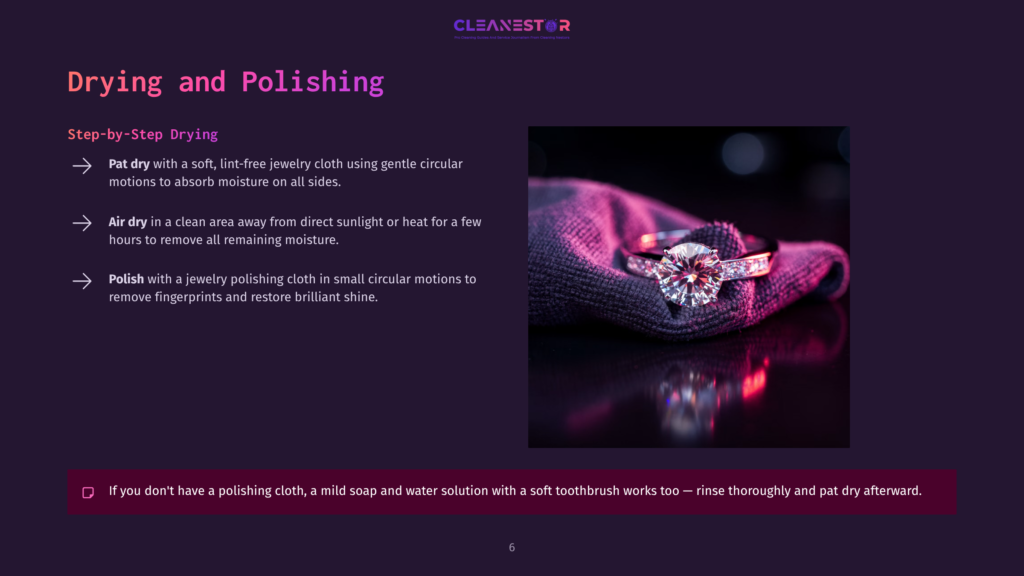 Close-Up Of A Dazzling Simulated Diamond Ring On A Purple Cloth, With A Soft Glowing Background And Clear Instructions For Drying And Polishing.