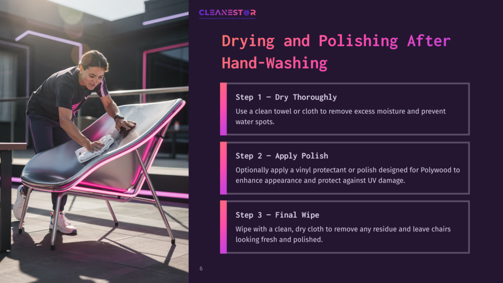 Woman Drying A Shiny Silver Chair With A White Cloth, Part Of A &Quot;Drying And Polishing After Hand-Washing&Quot; Guide From Cleanestor.