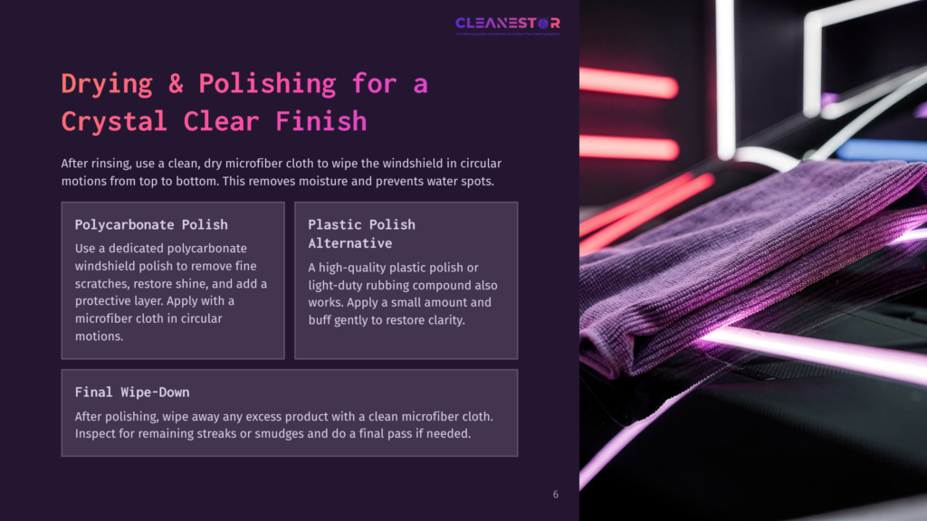 A Microfiber Cloth Wipes A Purple And Pink-Lit Windshield, With Instructions For Polishing And Finishing Touches Beside.