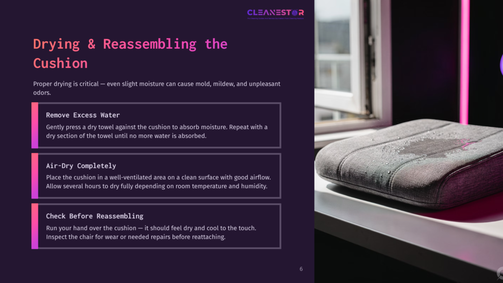 A Grey Office Chair Cushion On A Window Sill, With Step-By-Step Instructions For Drying And Reassembling It On A Dark Purple Background.