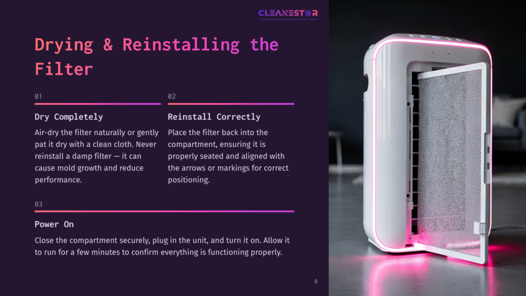6 Drying And Reinstalling The Filter Cleanestor Air Purifier With Its Front Filter Compartment Open, Showing The Filter And Pink Led Lighting. Text Guides On Drying, Reinstalling, And Powering On The Filter.