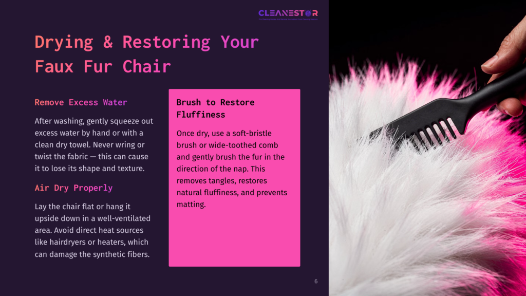 Close-Up Of Soft Faux Fur With Pink Tips, Alongside Text Instructions For Cleaning And Restoring Fluffiness, On A Vibrant Purple Background.