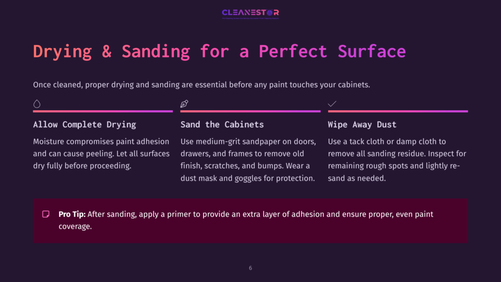 Instructions On Cleaning Cabinets, Featuring Highlighted Tips In Purple And White Text, Emphasizing Drying, Sanding, And Dust Removal.