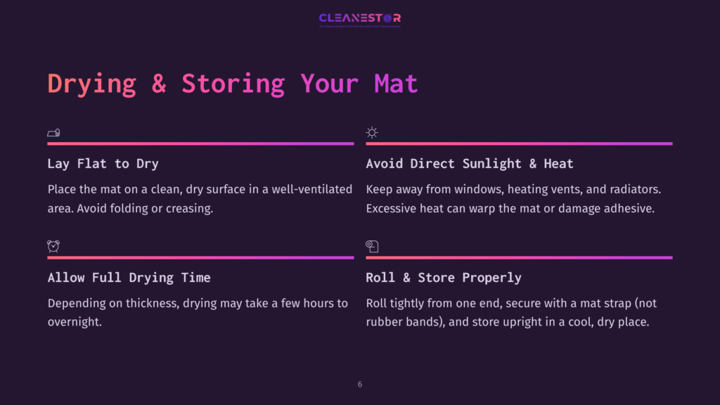 Tips For Drying And Storing A Yoga Mat, Featuring Purple Text On A Dark Background, With Sections On Drying Methods And Storage Instructions.