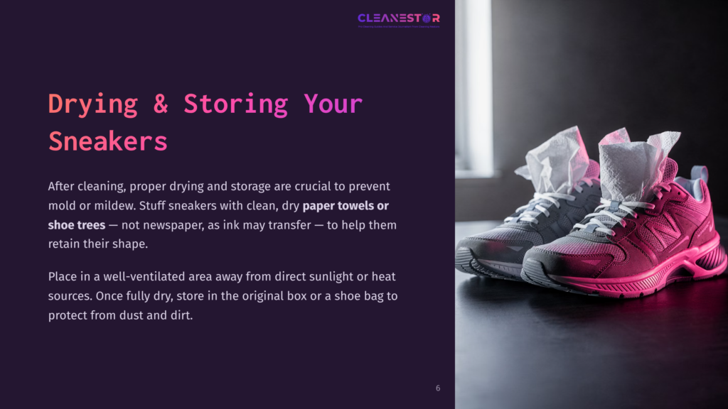 A Pair Of Sneakers With Paper Towels Stuffed In Them Sits On A Surface, Illuminated With Soft Pink And Purple Lighting.