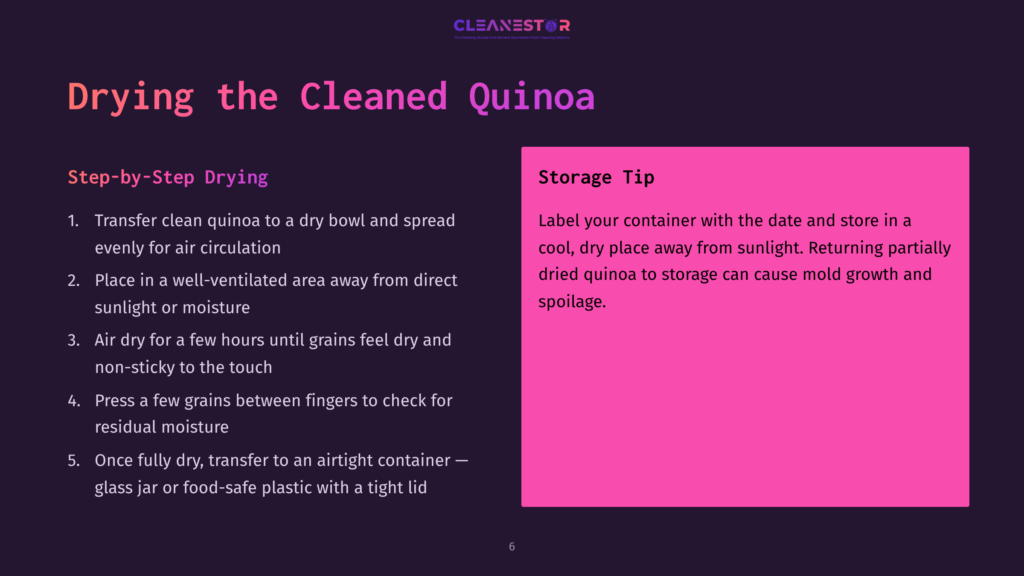 Step-By-Step Instructions On Drying Quinoa, Featuring A Dry Bowl, A Bright Pink Storage Tip Box, And Clear, Concise Text.