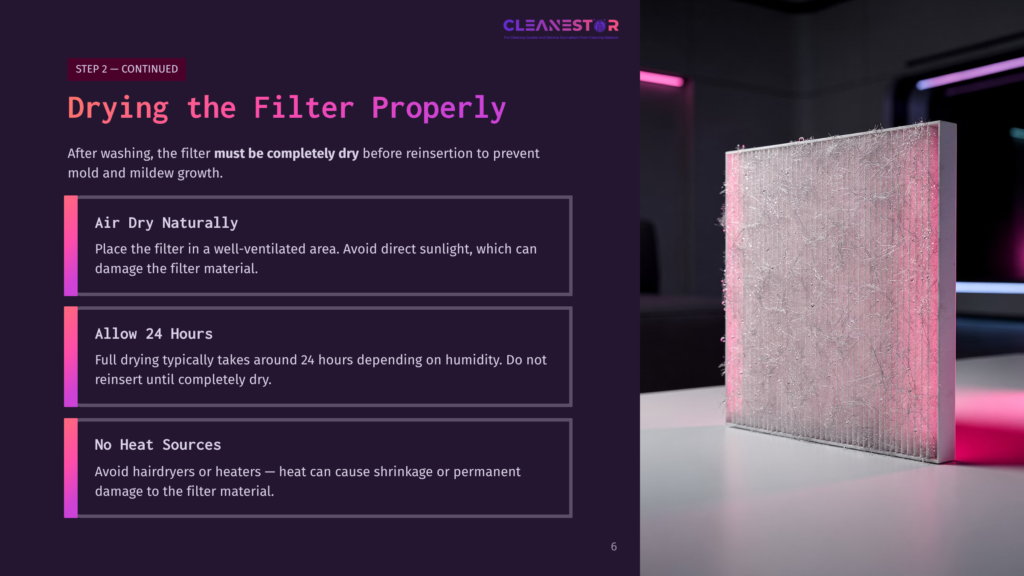 A White Air Purifier Filter Drying On A Surface, With Informational Text Boxes About Drying Instructions Alongside A Purple-Lit Background.