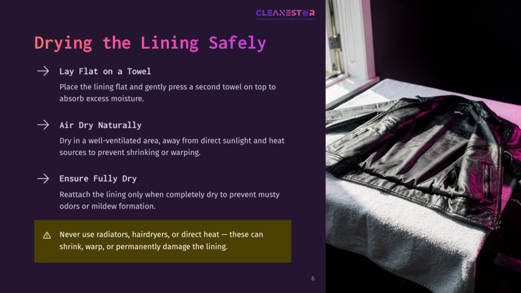 Black Leather Jacket Lining Drying Flat On A Towel Next To A Window, With Text Overlay Detailing Drying Instructions: &Quot;Lay Flat On A Towel,&Quot; &Quot;Air Dry Naturally,&Quot; And &Quot;Ensure Fully Dry.