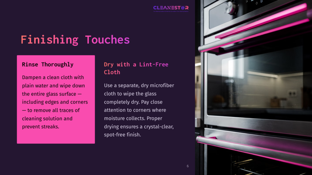 A Bosch Oven With Sleek Stainless Steel And A Pink Accent, Alongside Cleaning Instructions On A Dark Purple Background.