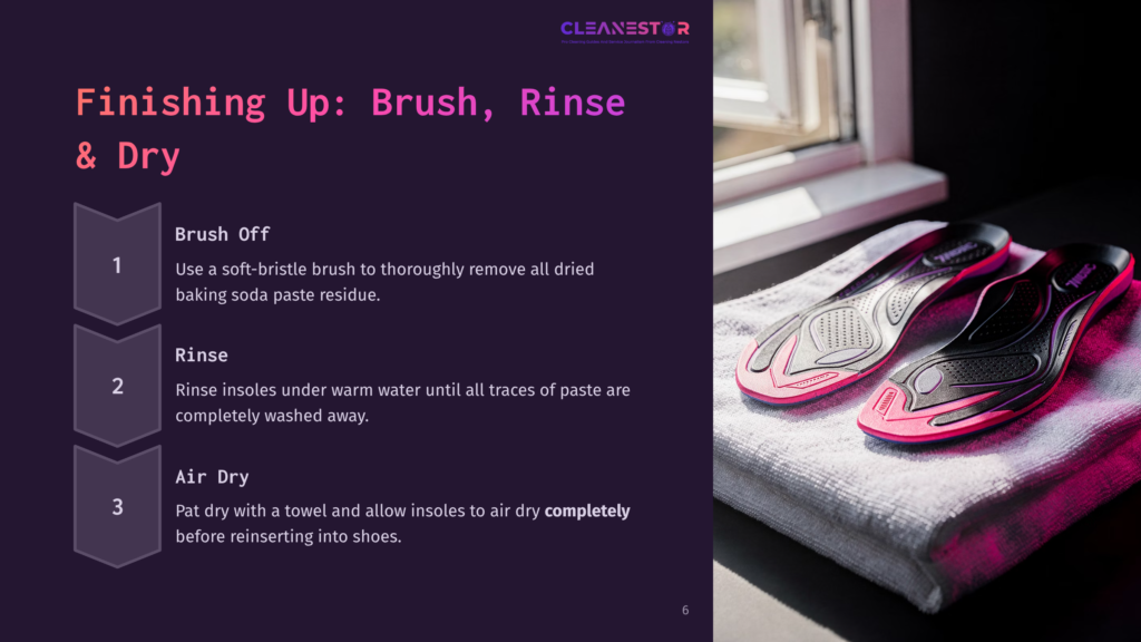 Close-Up Of Two Black And Pink Shoe Insoles On A White Towel, With Text Overlay Detailing Cleaning Steps: &Quot;Finishing Up: Brush, Rinse &Amp; Dry&Quot;, &Quot;Brush Off&Quot;, &Quot;Rinse&Quot;, &Quot;Air Dry&Quot;.