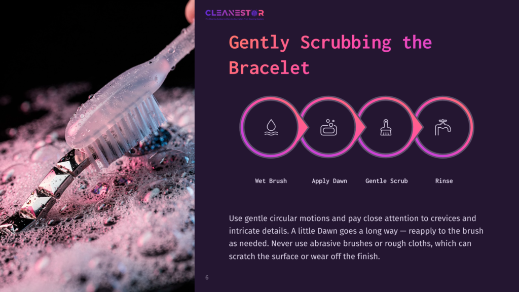 A Toothbrush Scrubbing A Silver Bracelet In Soapy Water, Surrounded By Icons For Cleaning Steps: Wet Brush, Apply Soap, Gentle Scrub, Rinse.