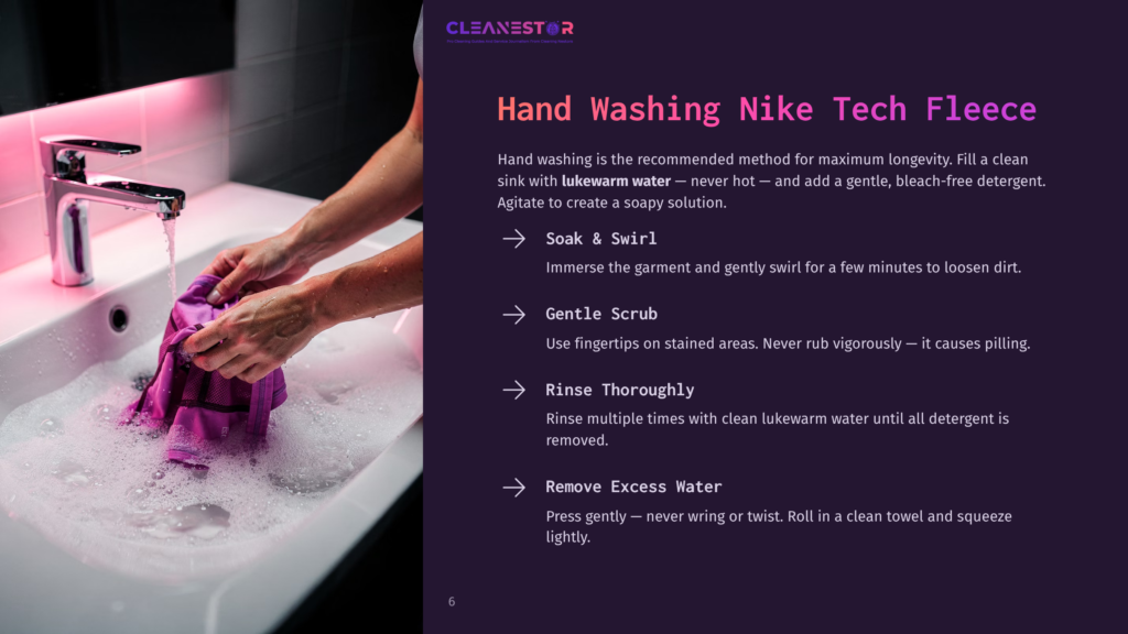 6 Hand Washing Nike Tech Fleece Close-Up Of Hands Gently Washing A Purple Nike Tech Fleece Garment In A Sink Full Of Soapy Water, With Instructions For Cleaning.