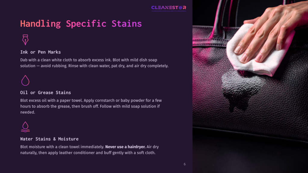 6 Handling Specific Stains A Hand Cleaning A Black Dior Saddle Bag With A White Cloth, Surrounded By Text Instructions On How To Remove Specific Stains.