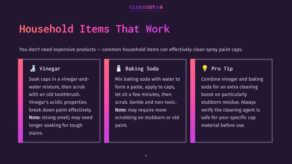 6 Household Items That Work Image With Three Columns Detailing Household Cleaning Tips For Spray Paint Caps: &Quot;Vinegar&Quot; With Soaking Instructions, &Quot;Baking Soda&Quot; With Paste Instructions, And &Quot;Pro Tip&Quot; Combining Vinegar And Baking Soda. Text Reads &Quot;Household Items That Work.