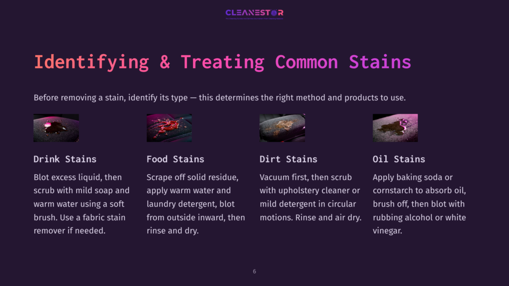 Four Images Show Different Stain Types: Drink Stains With Liquid On Fabric, Food Stains With Residue On Upholstery, Dirt Stains With Dust On A Car Seat, And Oil Stains With A Dark Liquid Spill On A Surface. The Image Is Titled &Quot;Identifying &Amp; Treating Common Stains&Quot; And Includes Cleaning Tips.