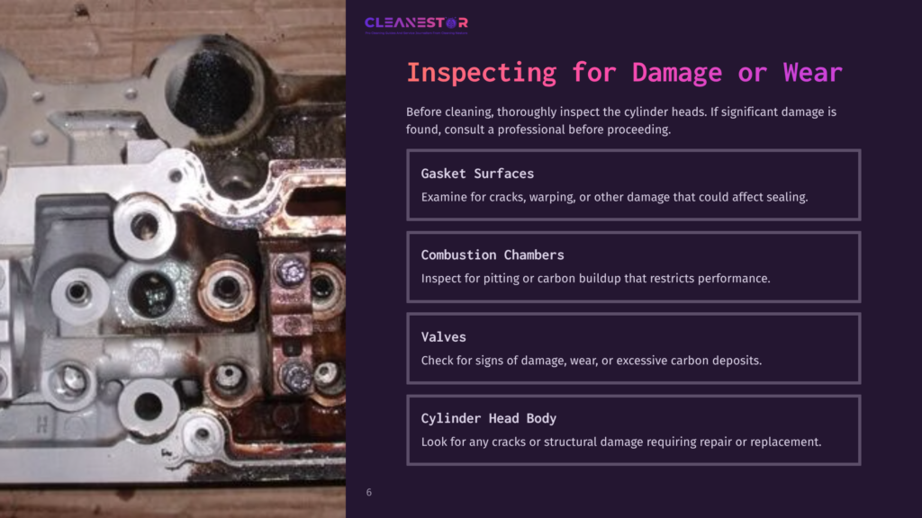 Close-Up Of A Cast Iron Cylinder Head Showing Gasket Surfaces, Combustion Chambers, And Valves, With Inspection Notes Highlighted In Purple.