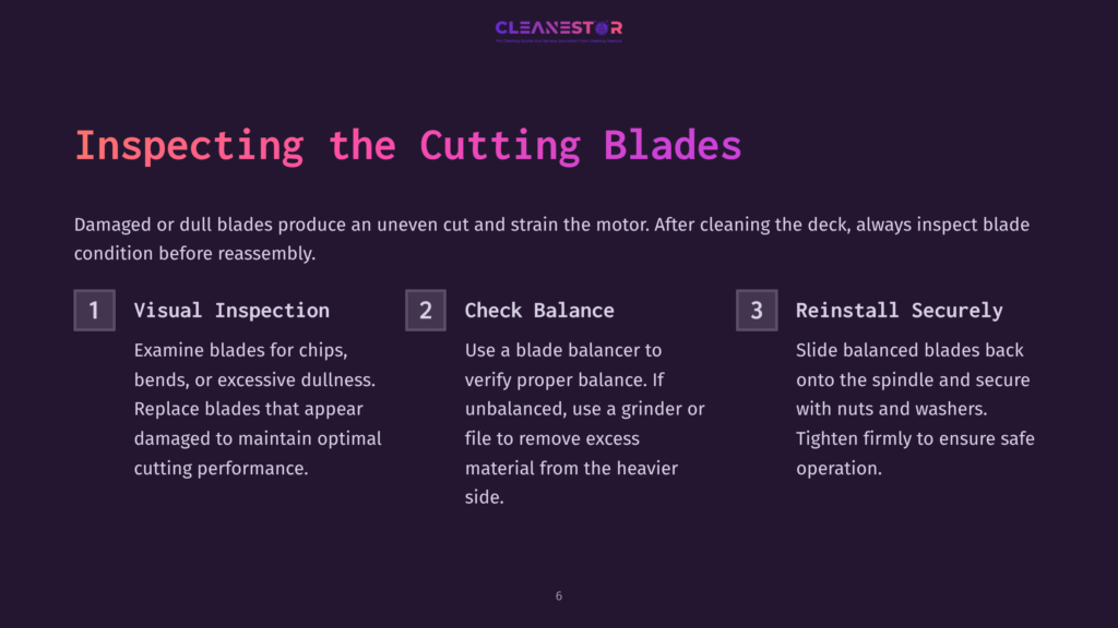 Diagram Outlining The Three Steps For Inspecting And Reinstalling Cutting Blades: 1. Visual Inspection, 2. Check Balance, 3. Reinstall Securely. The Text Emphasizes Checking For Damage And Proper Balance For Optimal Cutting Performance.