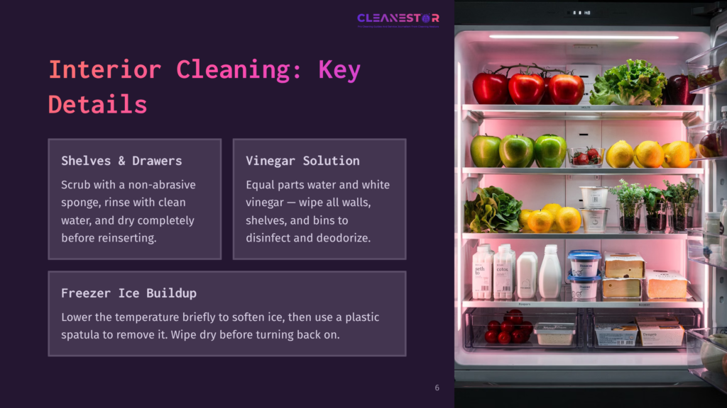 Open Refrigerator Interior Cleaning Tips: Shelves &Amp; Drawers Cleaning With Non-Abrasive Sponge And Vinegar Solution For Walls, Shelves, And Bins. Freezer Ice Buildup Removal Instructions. Fresh Produce And Dairy Products Are Visible On Shelves.