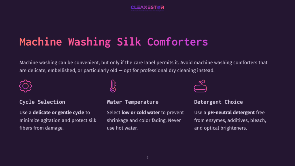 Text On A Dark Purple Background Provides Tips For Cleaning Silk Comforters, Including Cycle Selection, Water Temperature, And Detergent Choice.