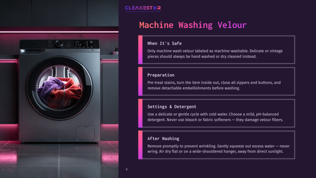6 Machine Washing Velour A Modern Front-Loading Washing Machine With Clothes Inside, Next To A Dark Purple Background With Text About Machine Washing Velour.