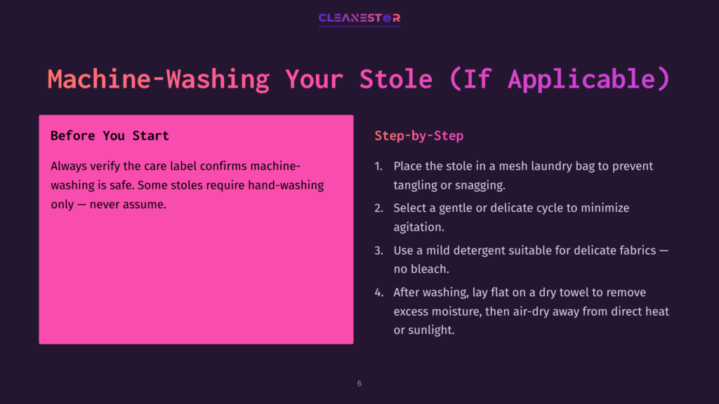 Instructions On Machine-Washing A Stole, Featuring A Pink Box With Text, White Bullet Points, And A Dark Background For Contrast.