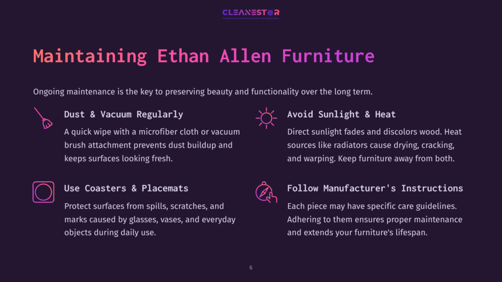 Text On A Dark Background With Purple Accents, Outlining Tips For Maintaining Furniture, Including Cleaning And Care Instructions.