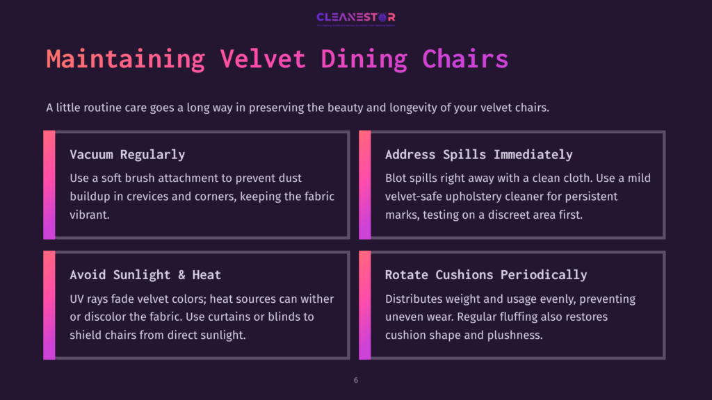 6 Maintaining Velvet Dining Chairs Maintaining Velvet Dining Chairs: A Graphic With Four Sections Detailing Care Tips: Vacuuming Regularly, Addressing Spills Immediately, Avoiding Sunlight &Amp; Heat, And Rotating Cushions Periodically. The Cleanestor Logo Is At The Top.