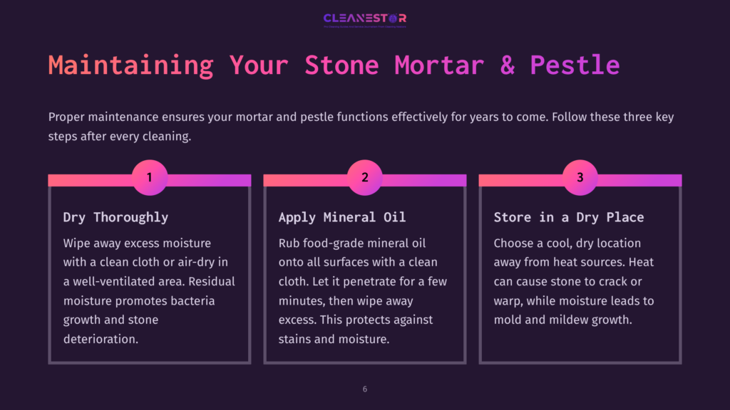 Graphic Featuring Three Steps For Cleaning Stone Mortar And Pestle: Drying, Applying Mineral Oil, And Storing In A Dry Place, With Vibrant Colors.